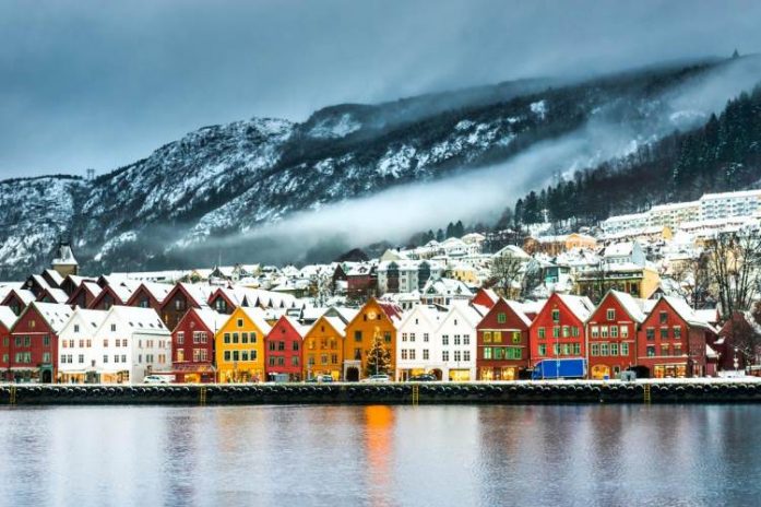 Scandinavia village snow mountains